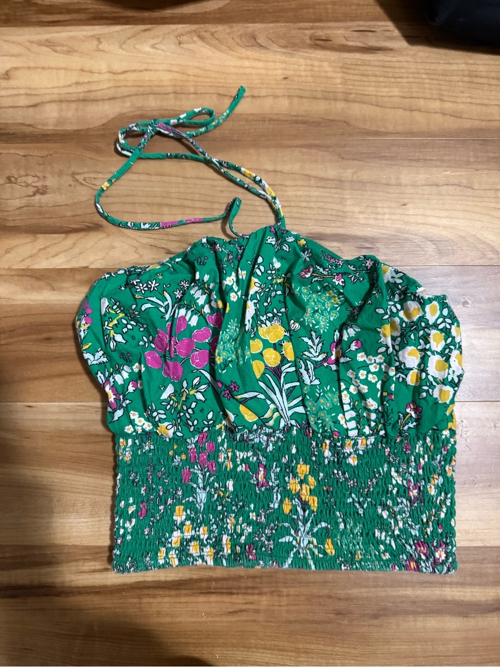Anthropologie Green Floral Smocked Halter Crop Top